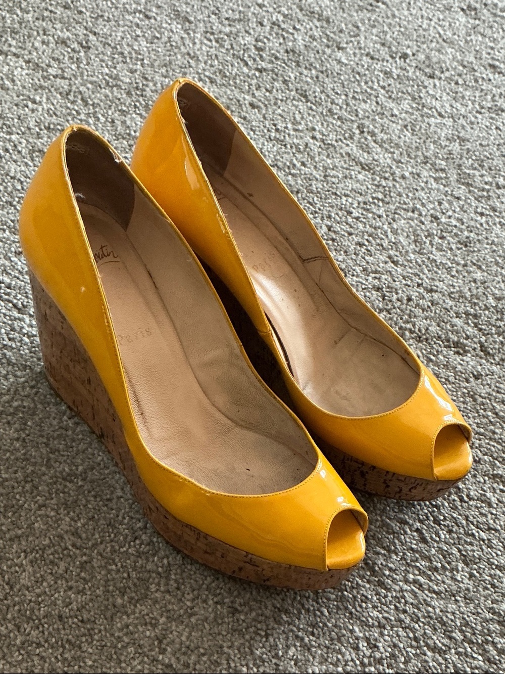 Christian Louboutin Yellow Patent Peep-Toe Cork Wedges